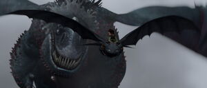 Red Death angrily flying after Hiccup and Toothless
