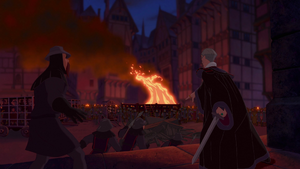 Frollo taking the Brutish Guard's sword while ordering his soldiers to use a large beam to break down the door.