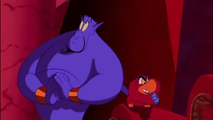 Iago about to get swiped away by Genie.