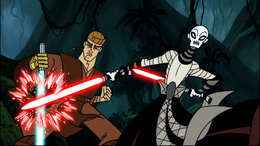 Anakin and Asajj start their hand-to-hand duel on Yavin 4.