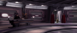 Inside the Galactic Senate Chamber Holding Office of the Senate Building, the Grand Master confronted the Emperor after Force pushing his guards against the wall.