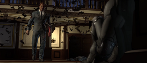 Two-Face moves to kill Batman after overpowering the latter in their battle at Wayne Manor. (determinant)