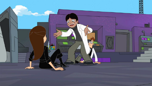 Doofenshmirtz watching as Rodrigo tries to convince Vanessa to join him (to no avail).