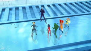 Hawk Moth surrounded by the heroes.