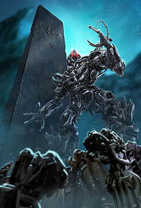 Megatron being hailed by the Decepticons in promo art.