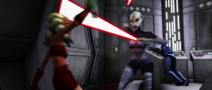 The two briefly dueled and Tano was ostensibly aided by Captain Argyus, who shot at Ventress to maintain their ruse.