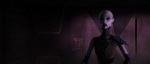 The tram arrives at Otua Blank's stronghold and Ventress exits with the chest.