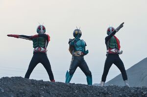 Kamen Rider 3 standing alongside Kamen Riders 1 and 2.