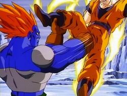 Super Android #13 punches Goku in the testicles.