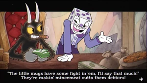 King Dice with The Devil having a discussion about Cuphead and Mugman regarding the brothers' progress.