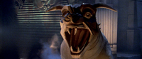 The demonic Terror Dog statue of Zuul looms ominous under the stormy night atop Gozer's Temple