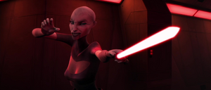 Still holding Colt within her Force grip, Ventress gleefully activated her lightsaber.