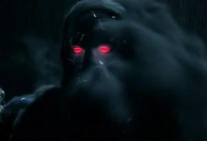 Darkseid appearing through smoke to Lionel Luthor.