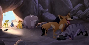 The Lion Guard arriving to stop Reirei eating the aardwolves.