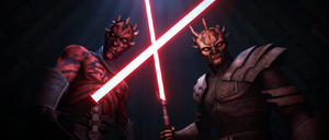 Darth Maul and Savage emerged from the shadows and ignited their lightsabers confronting the Weequay pirates.