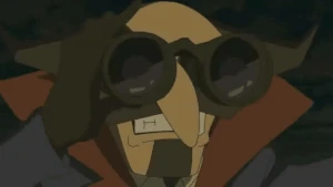 Don Paolo watches the Laytonmobile flying away from the collapsing Mobile Fortress.