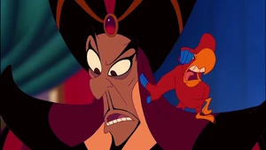 Iago panicking after Jafar's true colors have been exposed.
