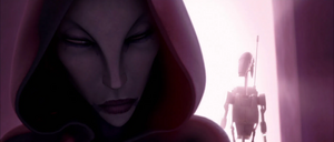 A battle droid informs Ventress that the Jedi have entered the dungeons.