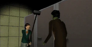 Alyssa kills a zombie with a broom.