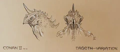 Early design variant for Dagoth's Head - Concept Design (c) by William Stout, 1984.