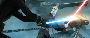 Dooku duels Anakin for a short time on the cargo freighter.