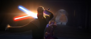 Anakin engages Dooku in a duel, while Yoda confronts the hooded form of Darth Sidious.