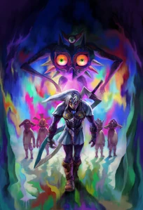 Majora looming over the Moon Children and Fierce Deity Link.