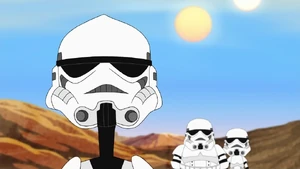 Candace, Buford, and Baljeet wearing their helmets as Stormtroopers.