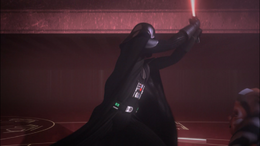 Darth Vader again tries to slash at Ahsoka.