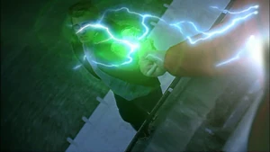 Eric held a bag with a meteor rock in it and Clark's Kryptonian powers were transferred to him.