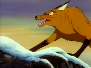 The Fox cornering Glikko on a tree branch.