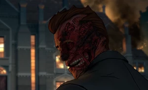 Two-Face and his Enforcers burn down Wayne Manor while Batman chose to go to Wayne Enterprises to stop the Penguin from hacking his Bat-Tech instead. (determinant)