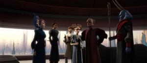 Padmé asks for the Chancellor and Vice Chair Mas Amedda to join her in carrying out the Senate's recent decision.