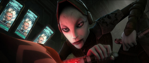 Asajj Ventress reveals herself with some amusement that Ventress realizes she is going to collect the bounty on her longtime Padawan foe.