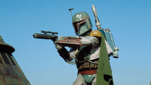 Boba Fett tries to attack Luke Skywalker.