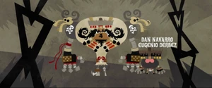 Chakal and Chato in the end credits with their voice actors.