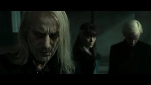 Lucius and his family horrified by the carnage inflicted by Voldemort after he murders the entire Gringotts security personnel.