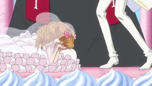 Pudding breaking down and unable to shoot Sanji.