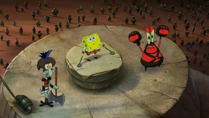 SpongeBob with Squidward and Mr. Krabs.