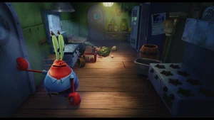 Mr. Krabs realizes that SpongeBob is missing.