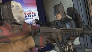 Batman attacks a soldier during the Mayoral Debate attack.