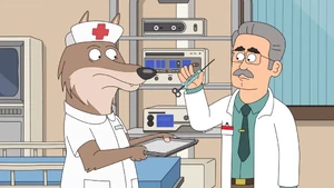 A coyote working as a nurse for Dr. Funtlichter.