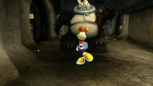 Sergueï escorting Rayman to the center of the coliseum.