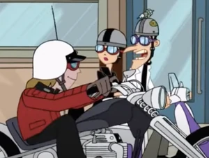 The Biker being confronted by Doof, who angrily tells that Vanessa is too young for him.