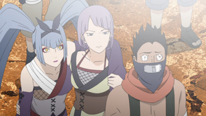 Saya and her teammates listening to Gaara's speech.