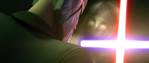 Dooku and a shrouded Ventress locked in a blade-lock.