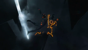 Rinzler and Clu fighting for the latter's baton while in free-fall.