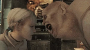 Debilitas surprises Fiona in the kitchen.