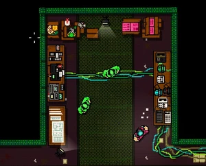 Biker confronting the Janitors in their base of operations.