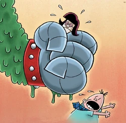 Miss Edith Anthrope being kidnapped by Melvin Richard Sneedly/The Bionic Booger Boy.